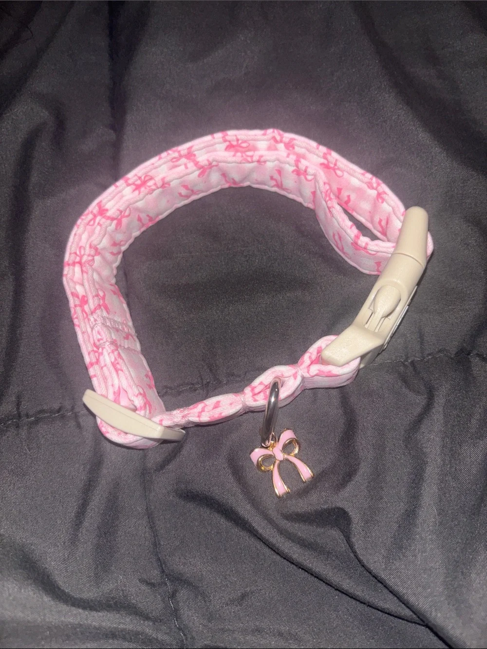 Pink Coquette Checkered Ribbon Print Dog Collar with Charm